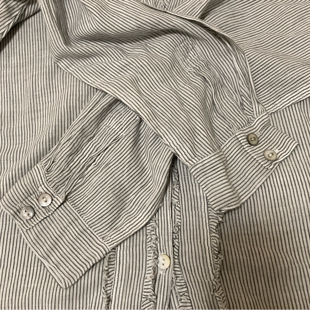 Chico's Blouse Ruffle Striped Button Up Shirt Blue White Long Sleeve Sz 3 Cotton - Picture 11 of 16